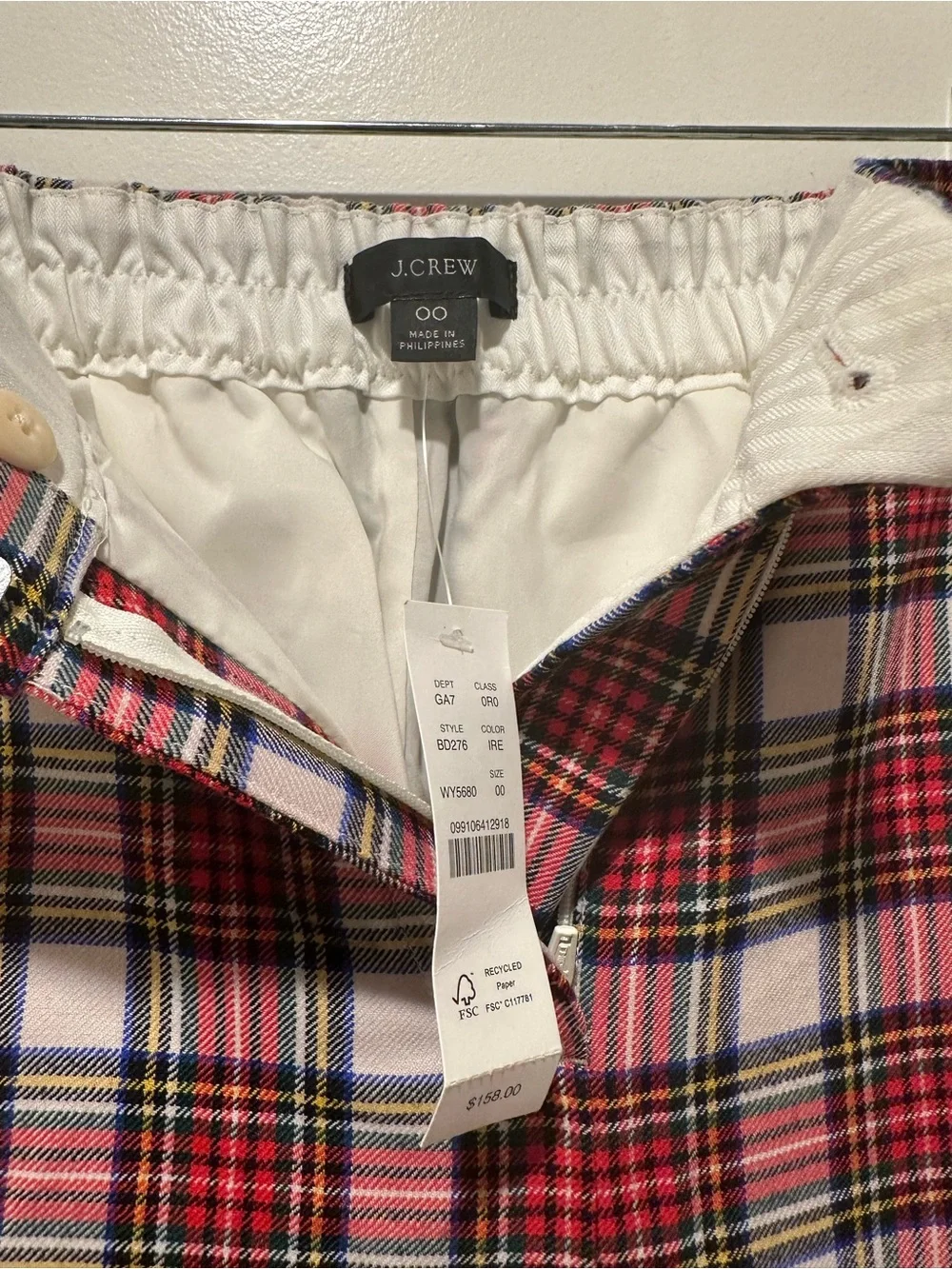 NWT J. Crew Red & Black & White Plaid Pants Size 00